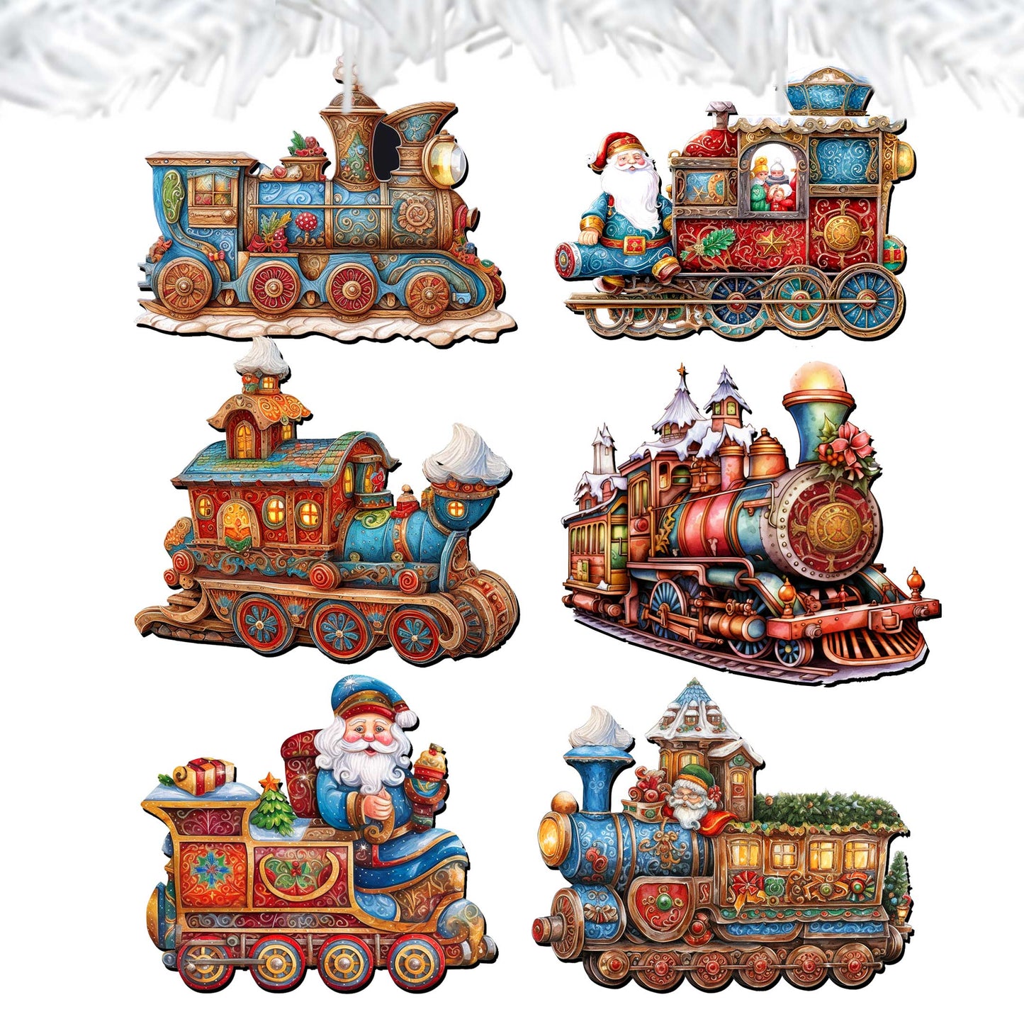 Santa Christmas Train Decorative Wooden Clip-on Ornaments Set of 6 by G. Debrekht - Christmas Decor - 8090123C-S6