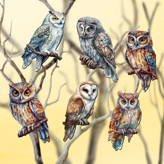 Night Owls Decorative Wooden Clip-on Ornaments of 6 by G. Debrekht - Christmas Decor - 8090004C-S6