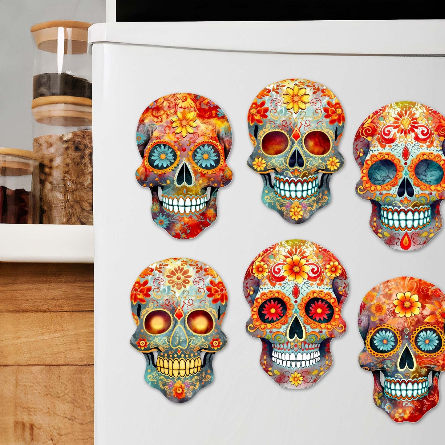 Sugar Skulls Decorative Wooden Magnets Set of 6 by G. Debrekht - Halloween Decor - 8090071G-S6
