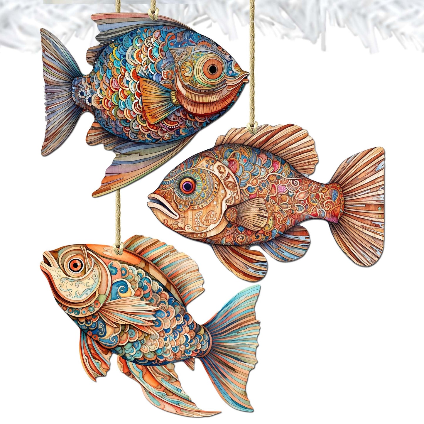 Coastal Fish Decorative Wooden Ornaments Set of 3 by G. Debrekht - Coastal Decor - 8091034-S3