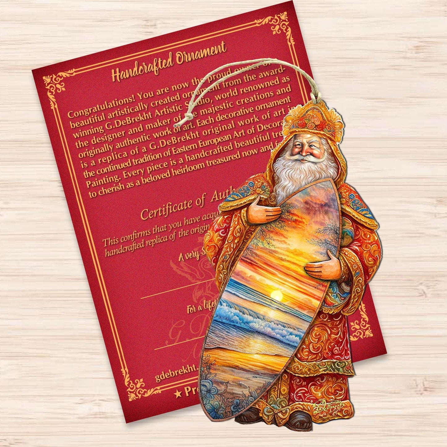 Santa's Tropical Surf Ride Wooden Ornaments by G. Debrekht - Christmas Santa Snowman Decor - 8691413
