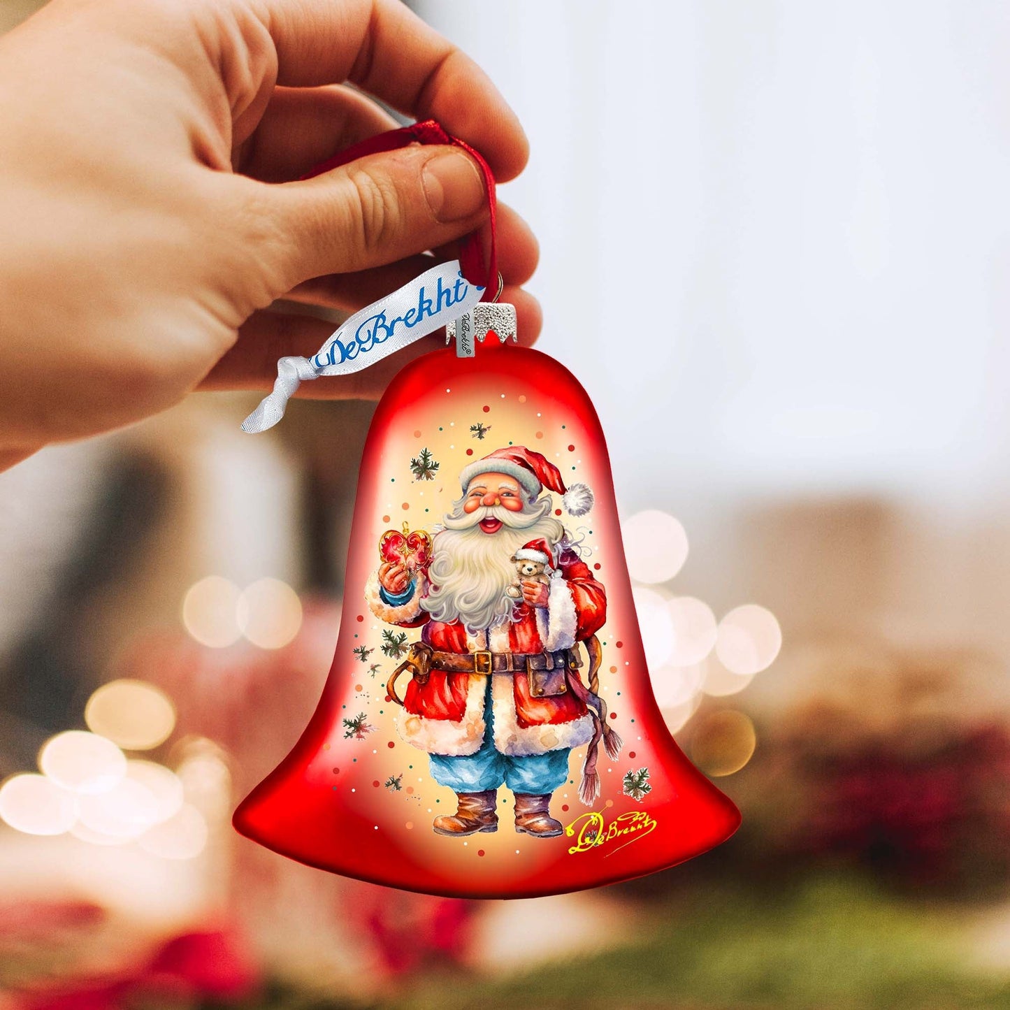 Santa Claus Spreading Christmas Happiness Bell Glass Ornament by G. Debrekht - Christmas Santa Snowman Decor - 752-042