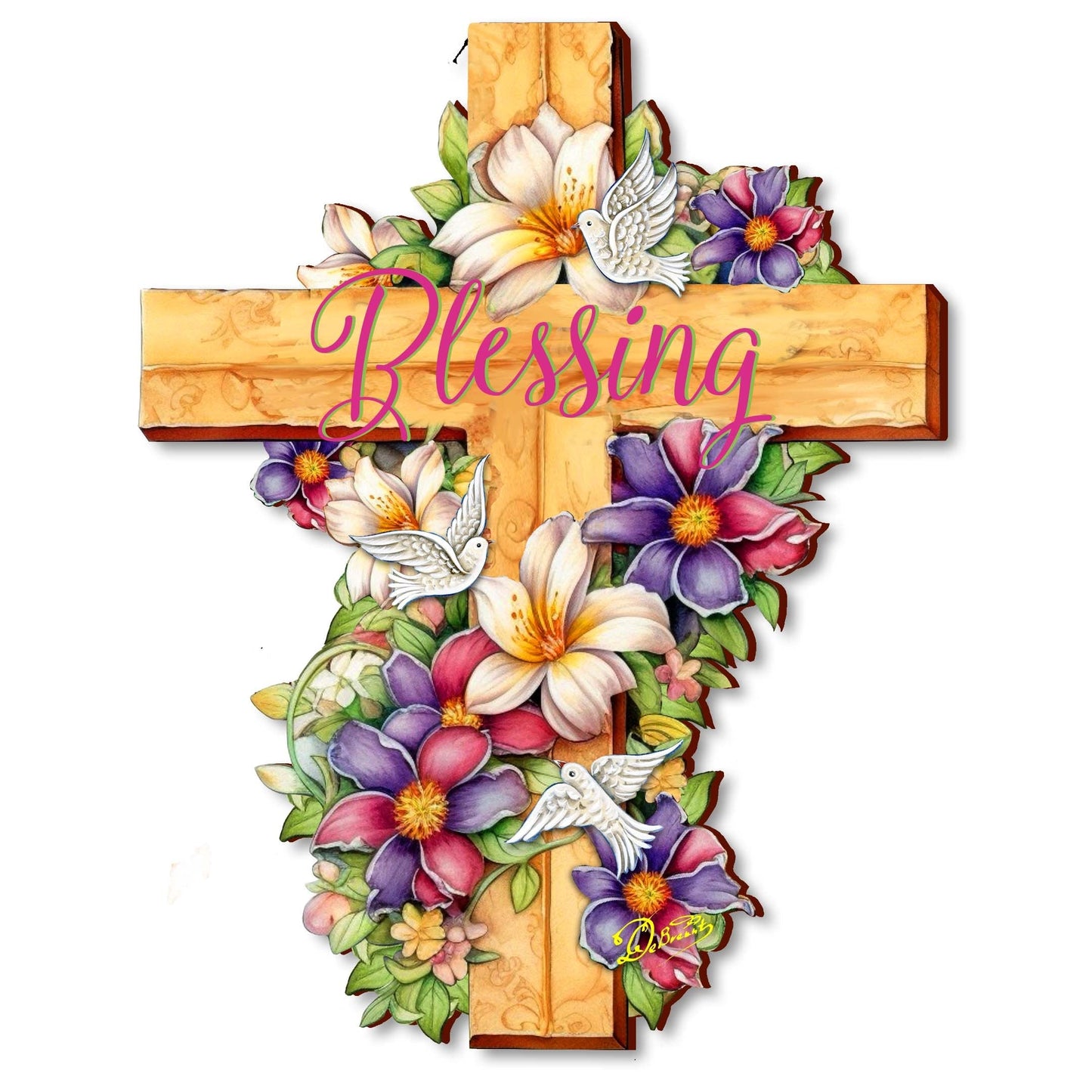 Floral Dove Blessing Wooden Cross by G. Debrekht - Easter Spring Decor - 88163