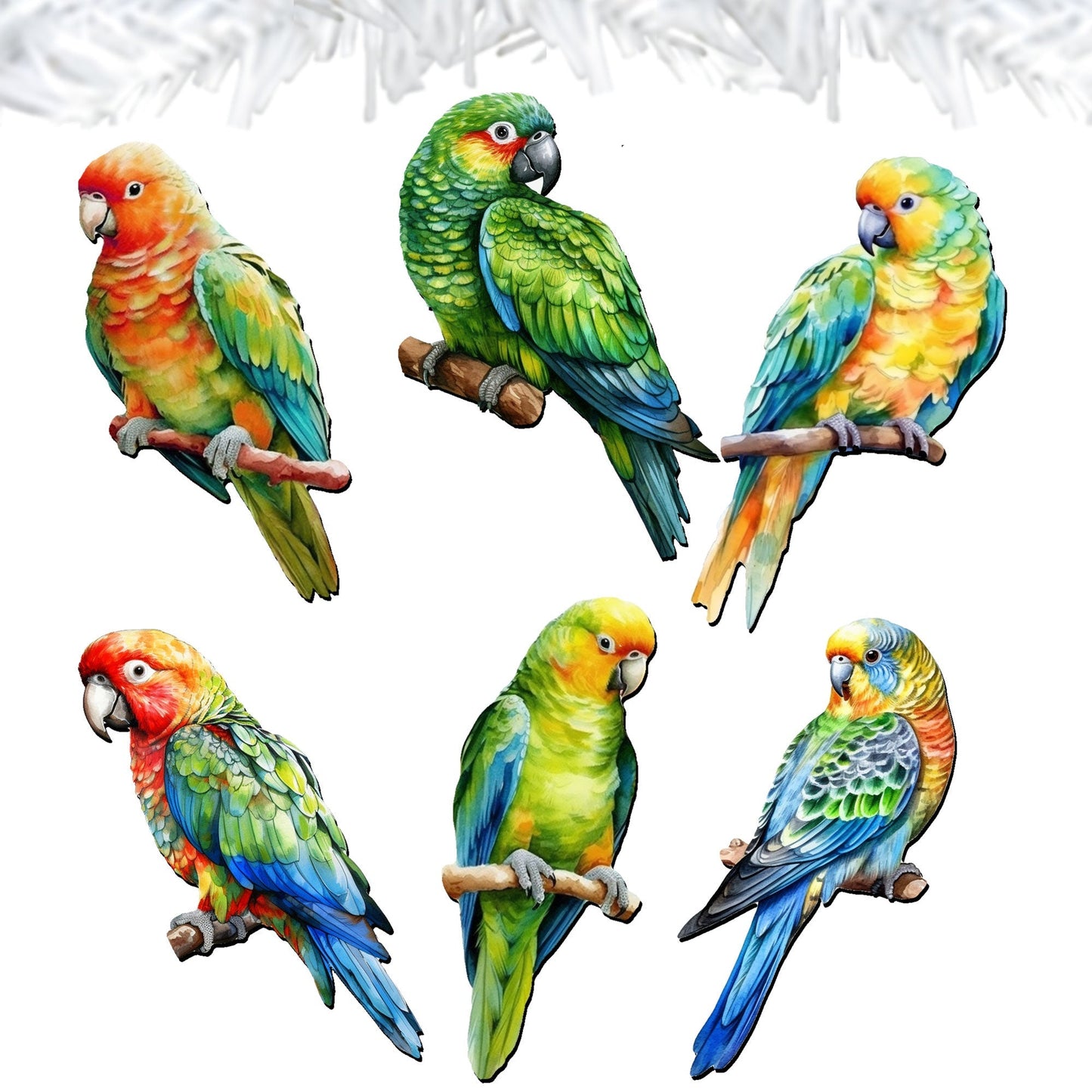Parrots Decorative Wooden Clip-on Ornaments of 6 by G. Debrekht - Christmas Decor - 8090013C-S6