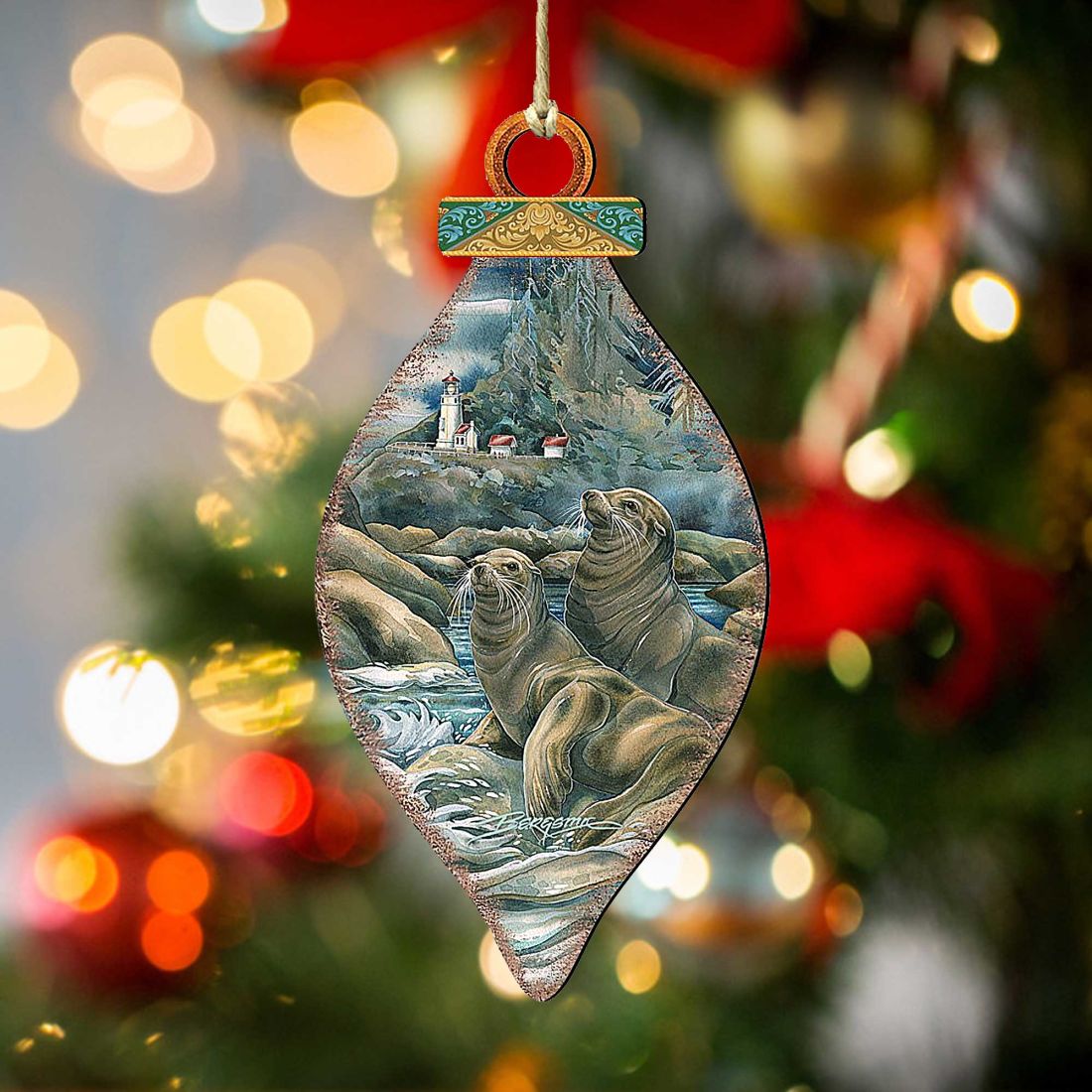 Lions of the Sea Lighthouse Caves Wooden Ornaments by J. Bergsma - Coastal Sea-Life Decor - 8591883-JB