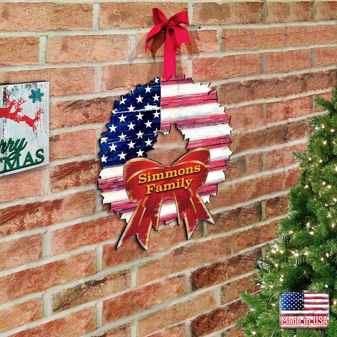 USA Flag Wreath Family Name Personalazed Holiday Door Decor by G. DeBrekht - American Christmas Decor - 8185302HP