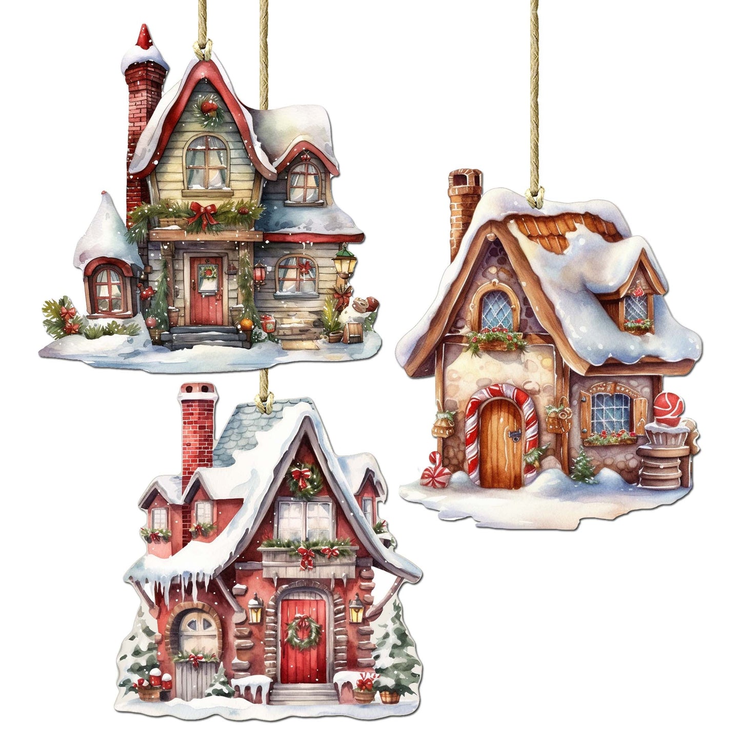 Christmas Houses Decorative Wooden Ornaments Set of 3 by G. Debrekht - Christmas Decor - 8091024-S3