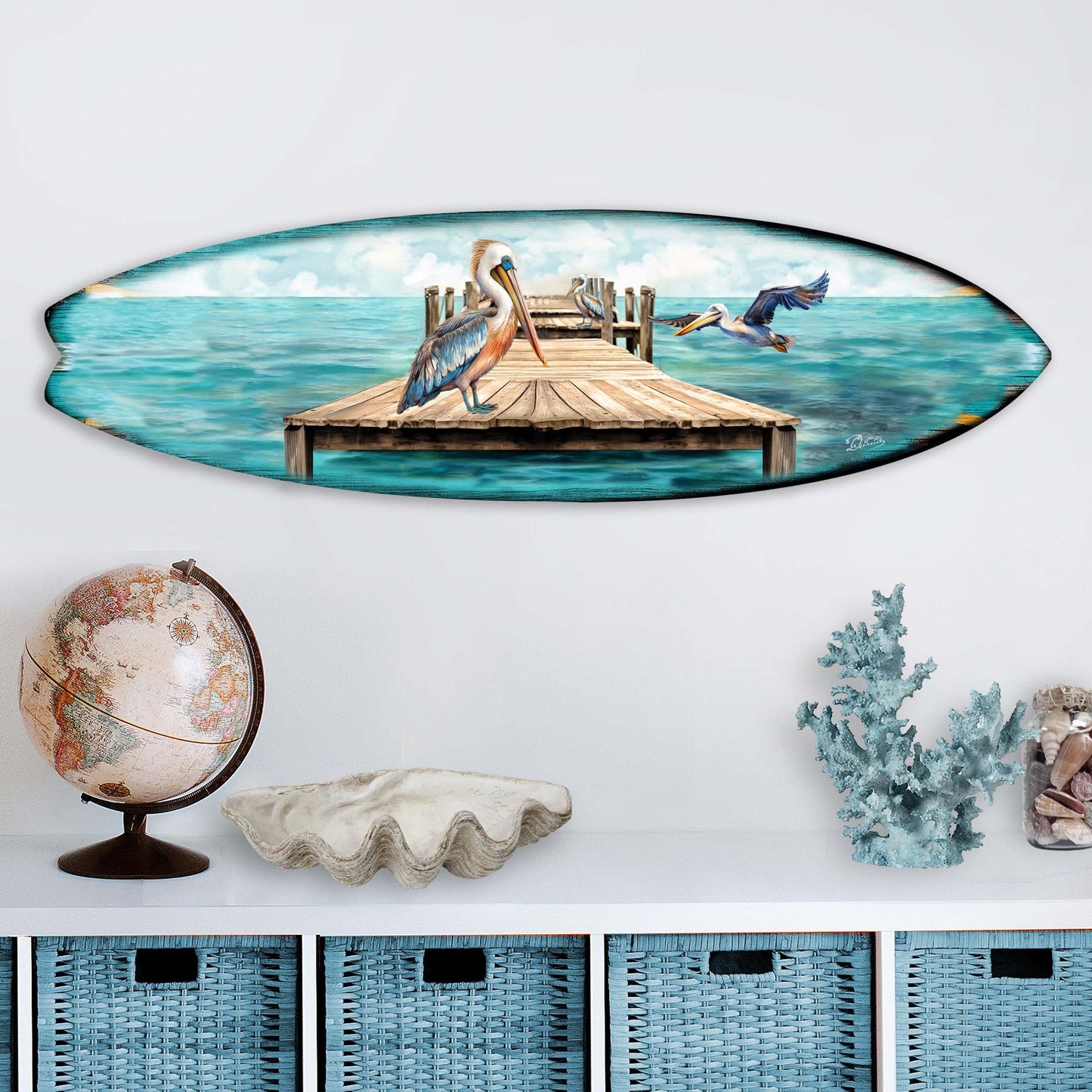 Pelican on the Pier Surfboard Coastal Wall Art by G. DeBrekht - Coastal Holiday Decor - 8490127HS