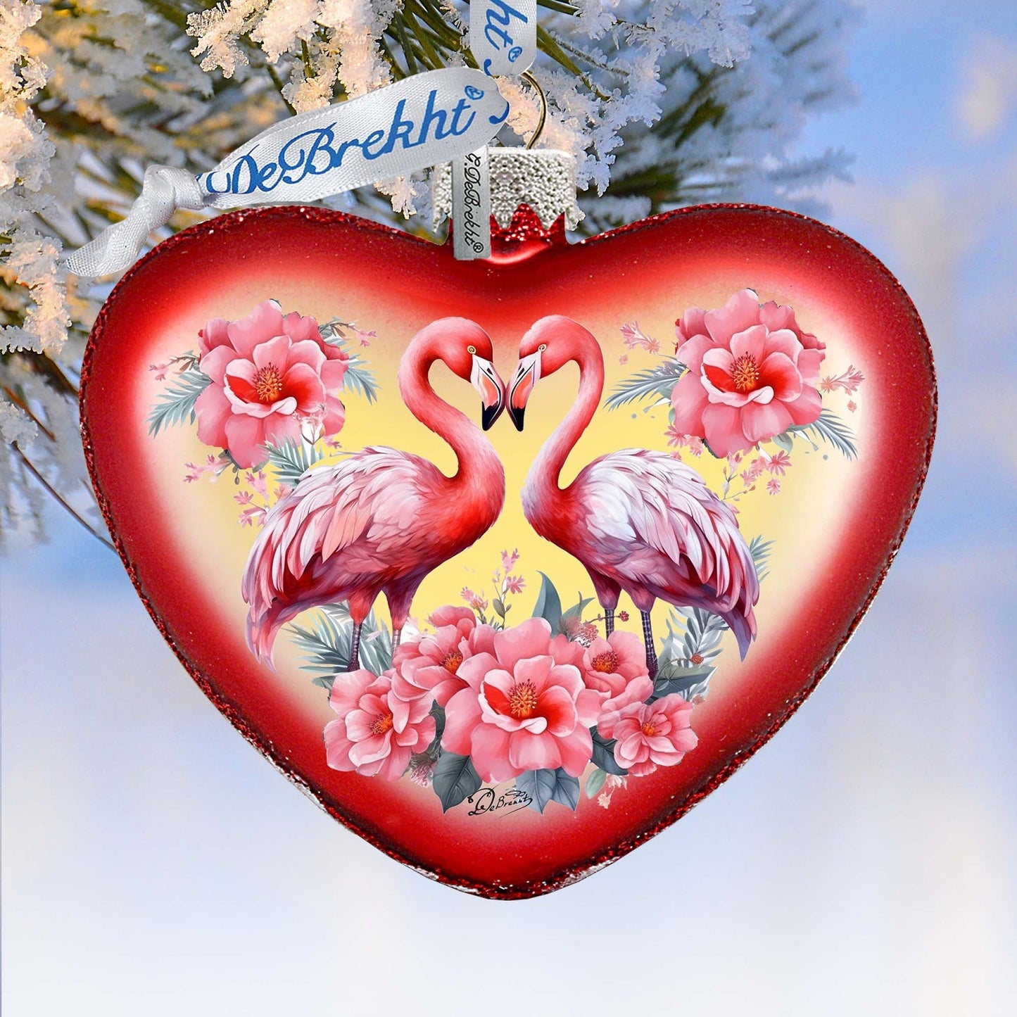 Flamingo Love Heart Glass Ornament by G. Debrekht Christmas Decor - 753-013