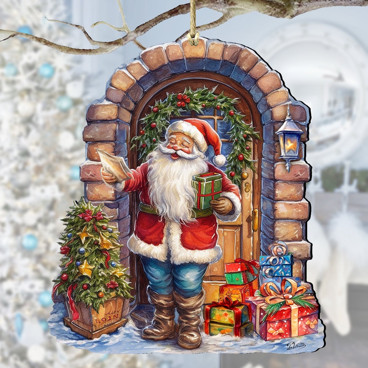 Santa's Surprise Visit Holiday Wooden Ornaments by G. Debrekht Christmas Santa Snowman Decor - 8611045