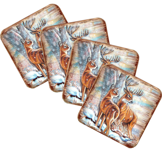 Deer's Wooden Cork Coasters Gift Set of 4 by Nature Wonders - Nature Wildlife Decor  - 95212C-S4