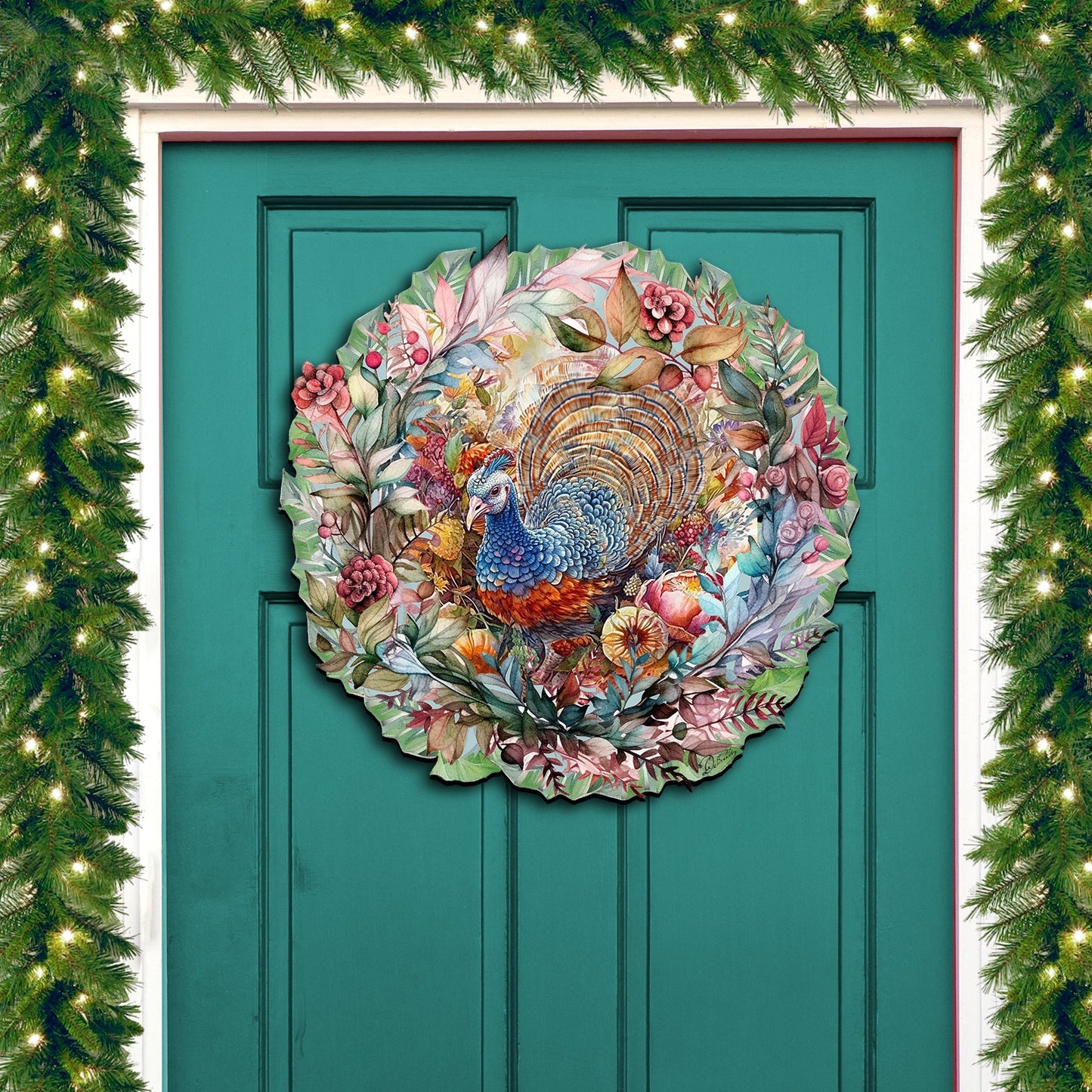 Thanksgiving Turkey Wreath Holiday Door Decor by G. Debrekht - Thanksgiving Decor - 8611083H