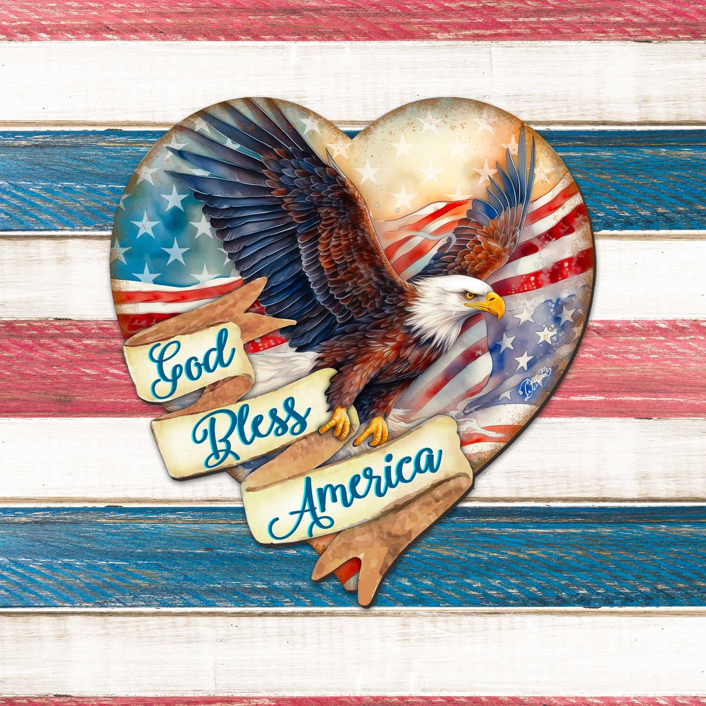 God Bless America Patriotic Eagle Heart Decorative Holiday Door Decor by G. DeBrekht - American Christmas Decor - 8652789H