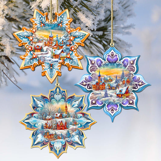 Winter Village Snowflake Wooden Ornaments Set of 3 by G. Debrekht - Christmas Decor - 8090146-S3