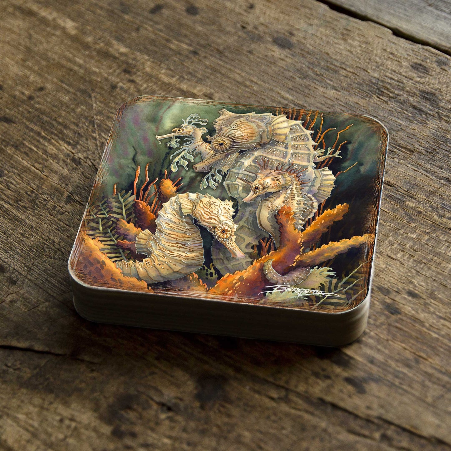 Seahorse Family Wooden Cork Coasters Gift Set of 4 by J. Bergsma - Coastal Decor  - 8199454C-S4