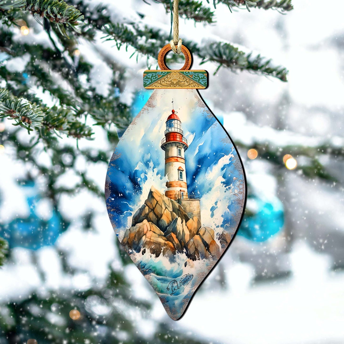 Wooden Christmas Tree Decorations - Lighthouse Wooden Ornaments by G.Debrekht Coastal Holiday Decor - 8688177