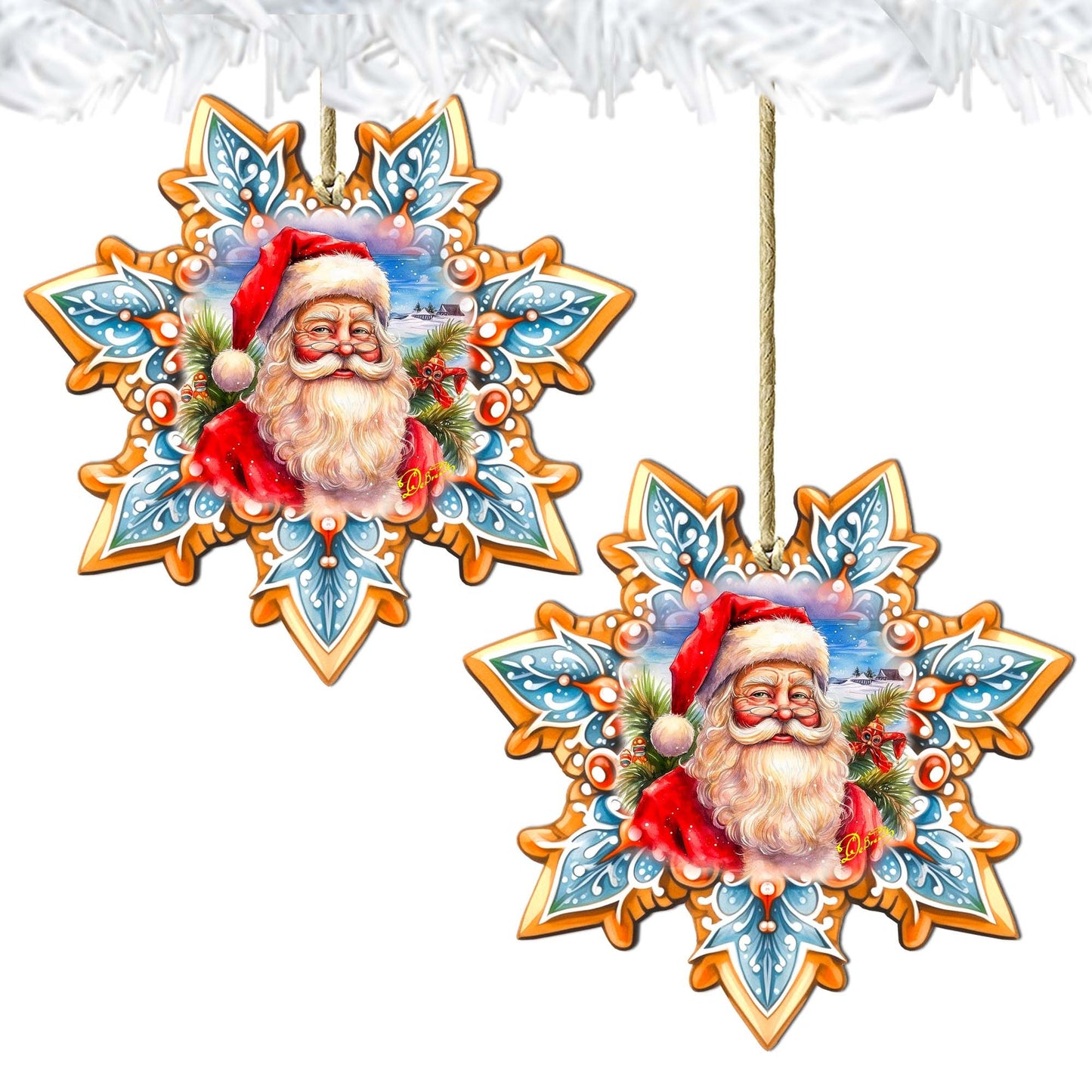 Santa Snowflake Wooden Ornaments by G. Debrekht - Christmas Santa Snowman Decor - 8688422