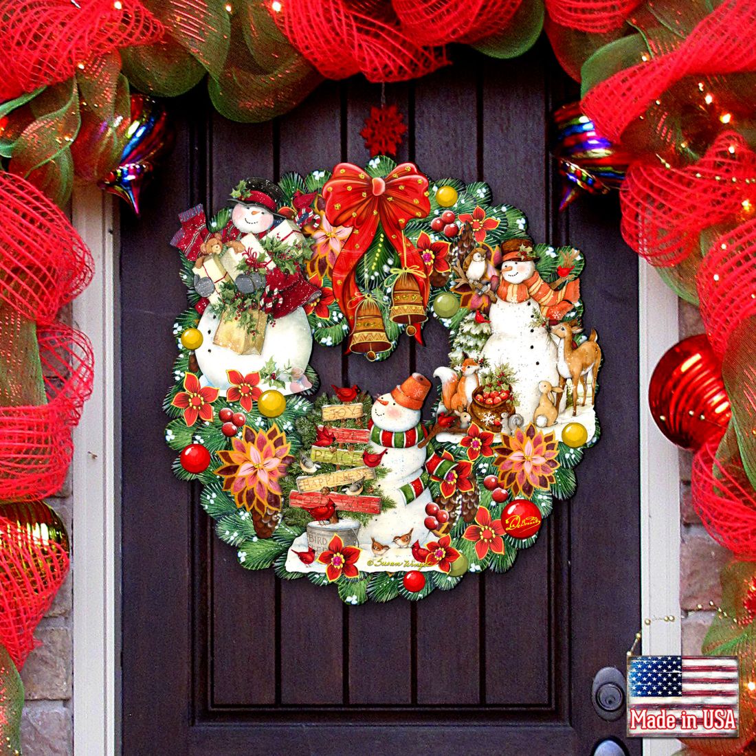 Snowy Christmas Holiday Door Wreath by G. Debrekht featuring Christmas Santa and Snowman Decor by Susan Winget - Item 8185307-4H-SW