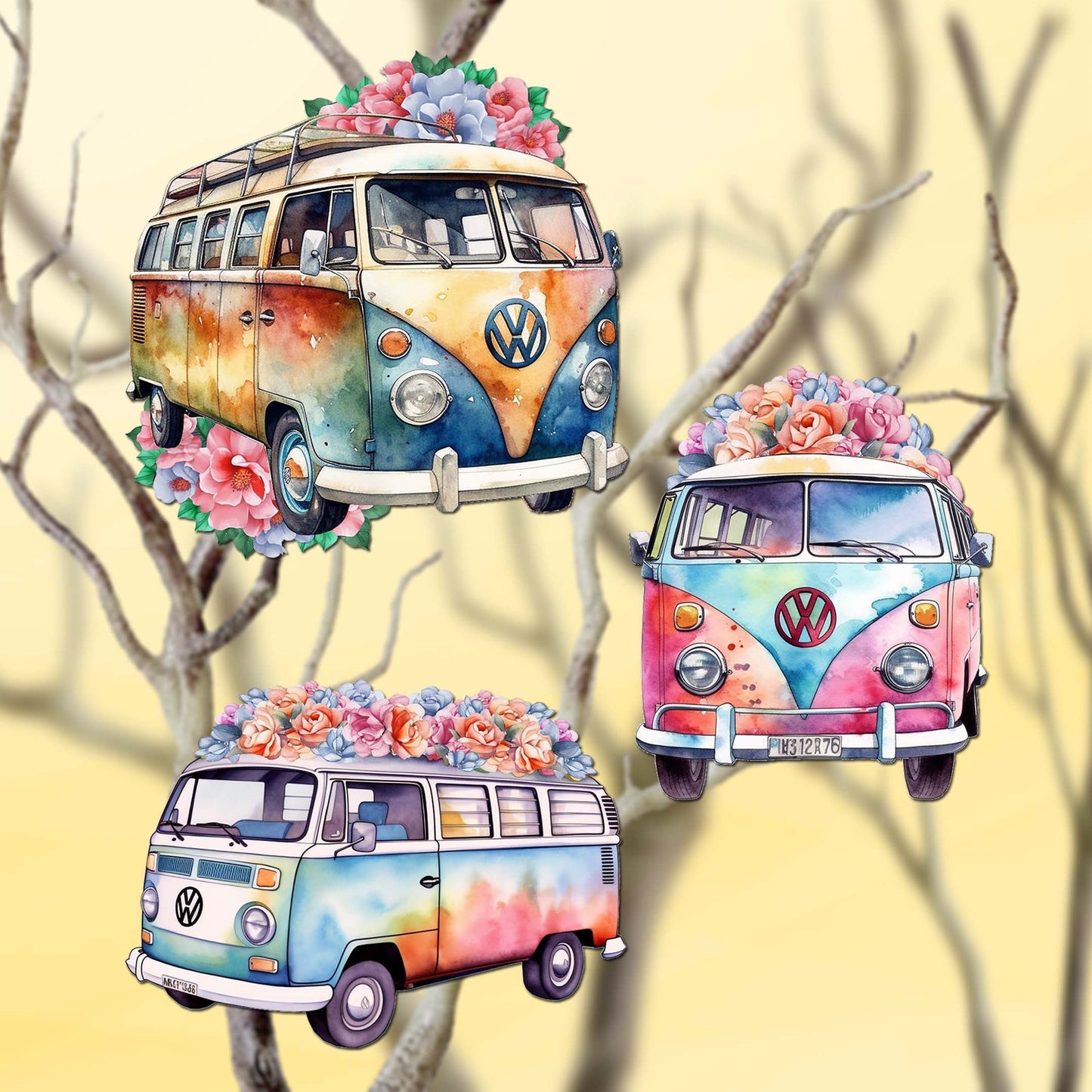 Surf Vans Decorative Wooden Clip-on Ornaments Set of 3 by G. Debrekht - Christmas Decor - 8091040C-S3