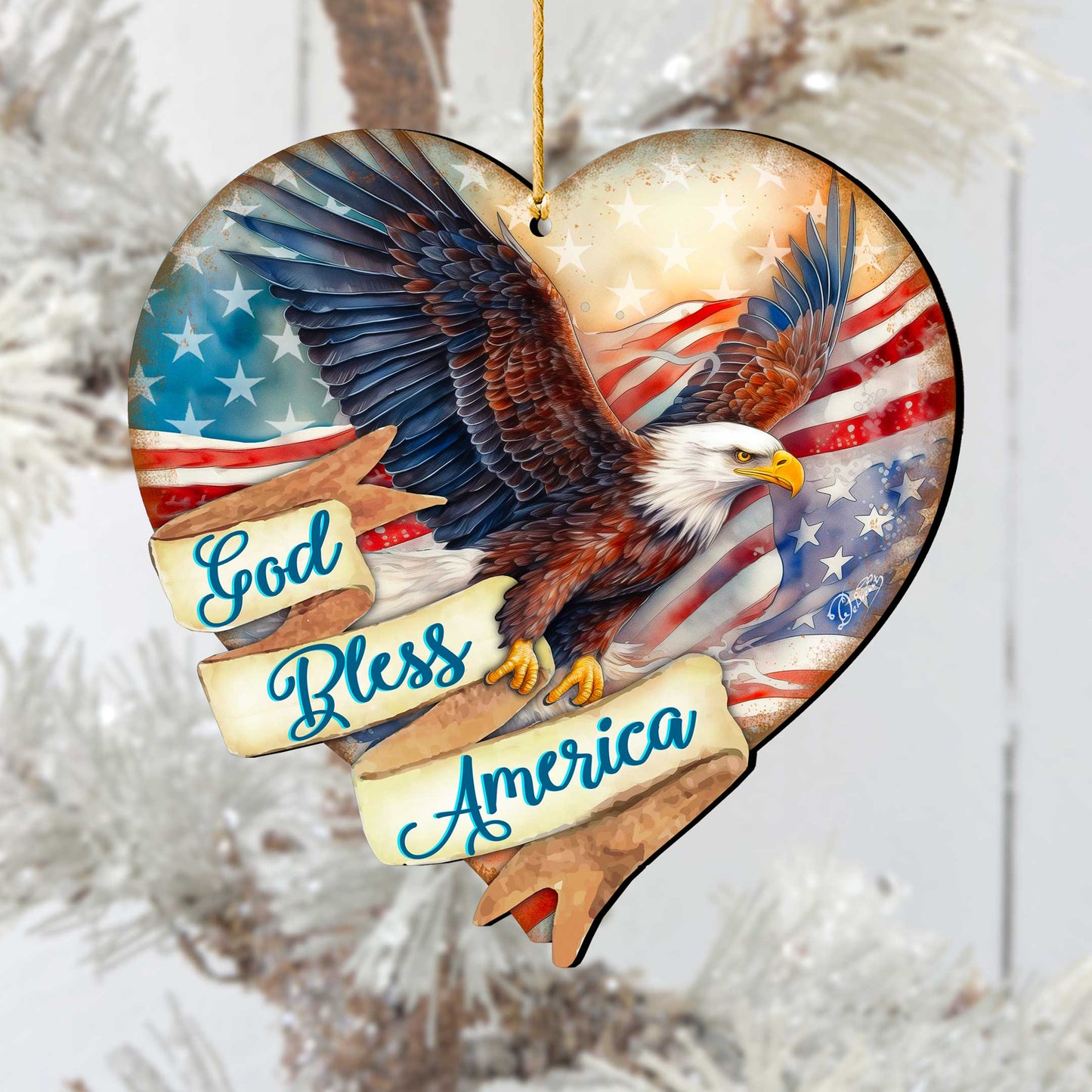 God Bless America Patriotic Eagle Heart Wooden Ornaments by G.Debrekht American Holiday Decor - 8652789