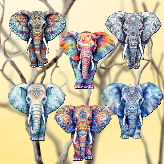 Elephants Decorative Wooden Clip-on Ornaments Set of 6 by G. Debrekht - Christmas Decor - 8090036C-S6