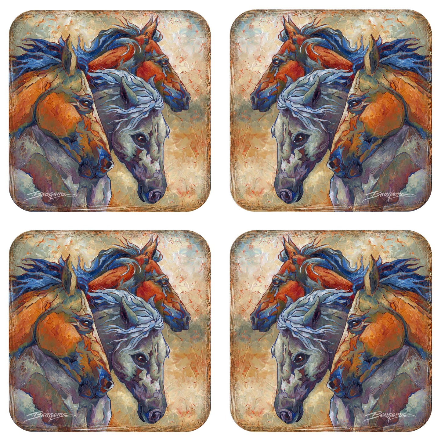 Herd of Horses Wooden Cork Coasters Gift Set of 4 by J. Bergsma - Wildlife Decor  - 8199458C-S4