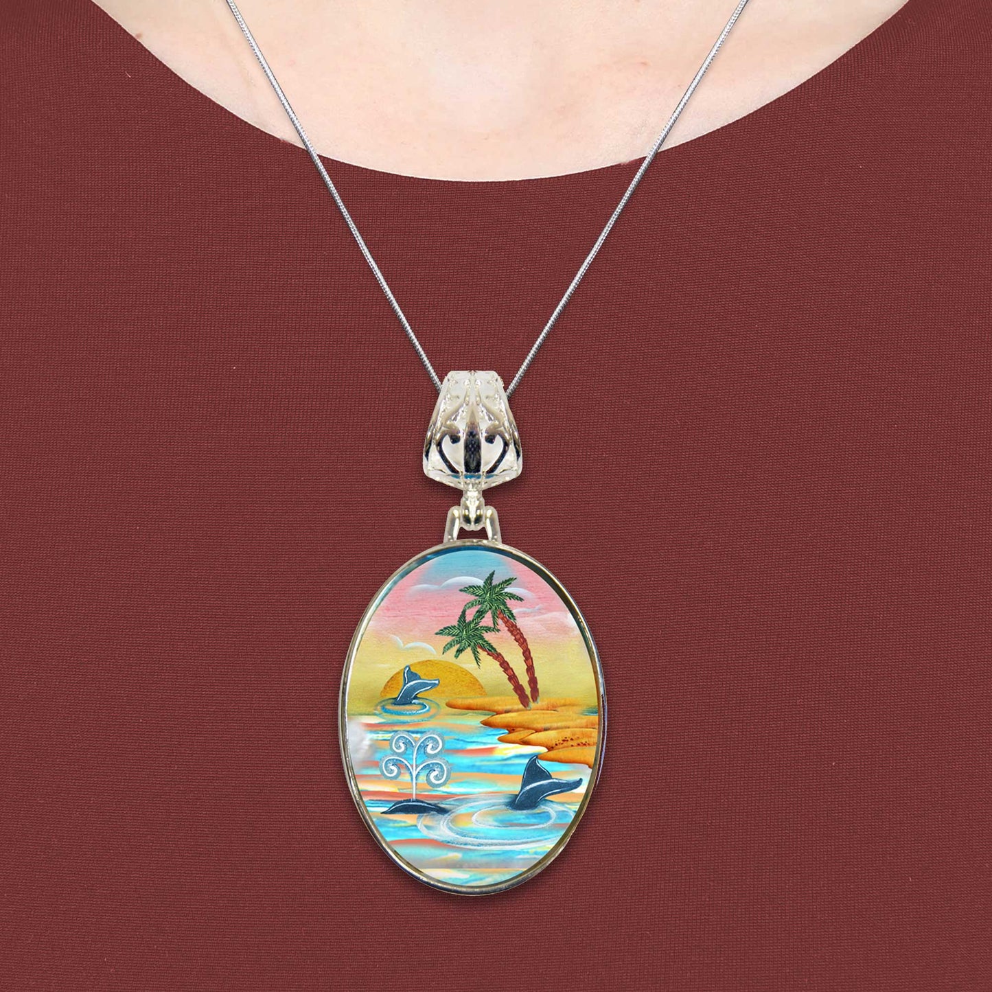 Calm Palms Silver Plated Mother of Pearl Jewelry Pendant Necklace - 44048