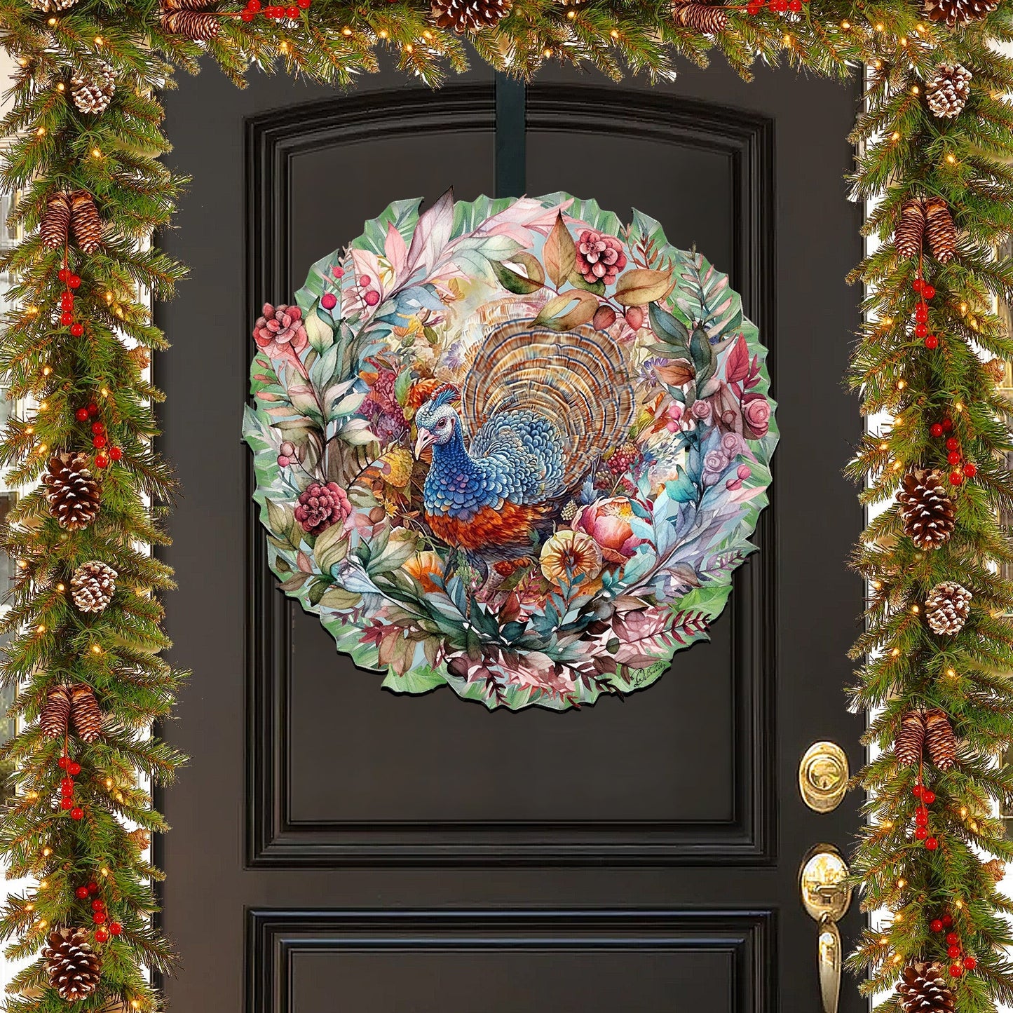 Thanksgiving Turkey Wreath Holiday Door Decor by G. Debrekht - Thanksgiving Decor - 8611083H