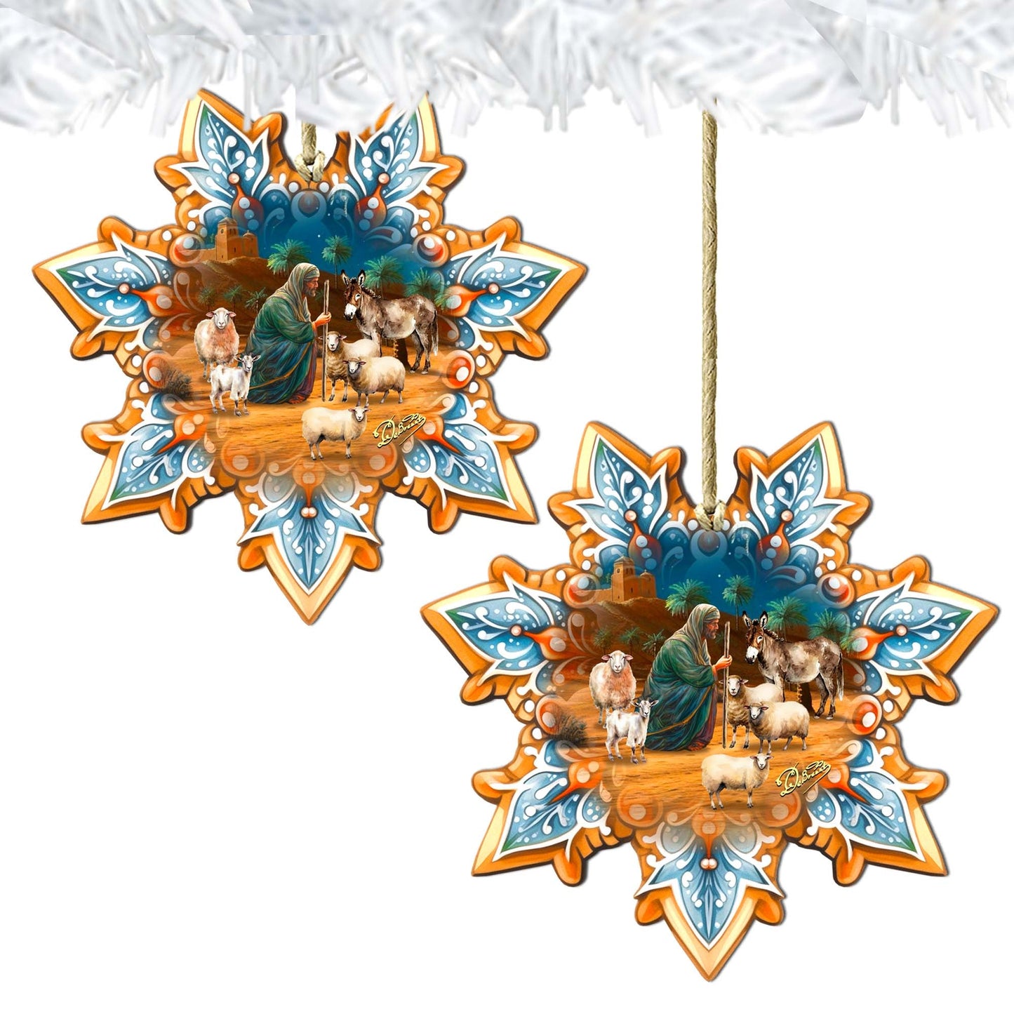 Joseph with Animals Snowflake Wooden Ornaments by G. Debrekht - Nativity Holiday Decor - 8688437