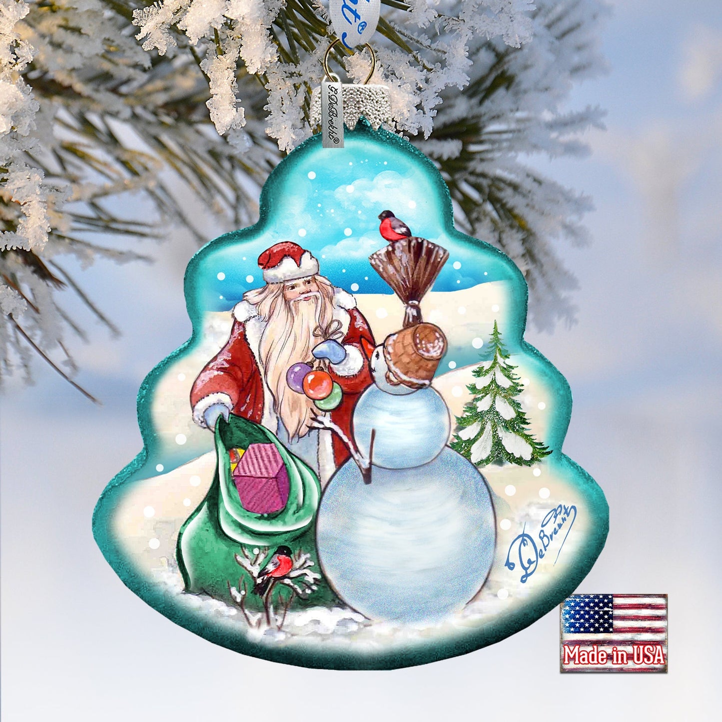 Santa with Snowman Tree Glass Ornament by G. DeBrekht - Christmas Santa Snowman Decor - 762-011