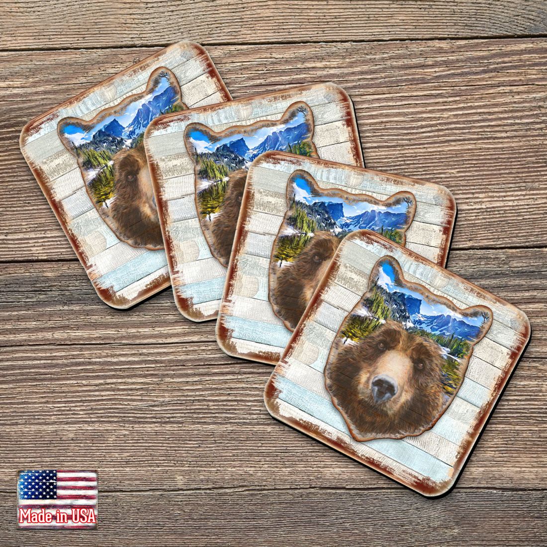Bear Face Wooden Cork Coasters Gift Set of 4 by Nature Wonders - Nature Wildlife Decor  - 8198214-4C-S4