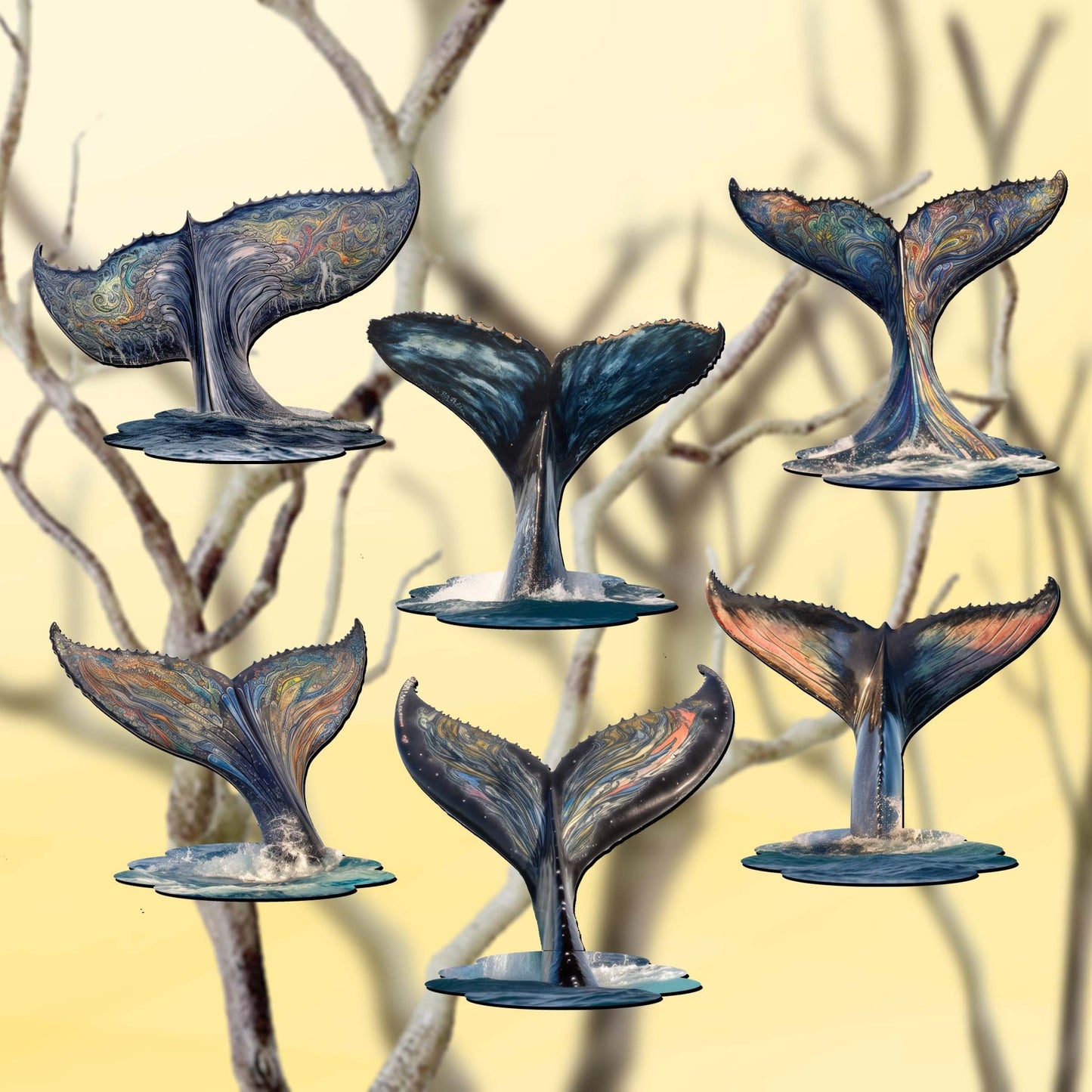 Vibrant Whale Stories Decorative Wooden Clip-on Ornaments Set of 6 by G. Debrekht - Wildlife Decor - 8090104C-S6