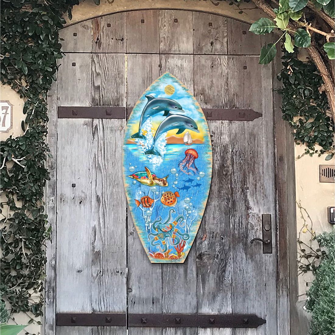 Sea Creatures Surfing Board Door Decor by G. DeBrekht - Coastal Holiday Decor - 8198522-3H