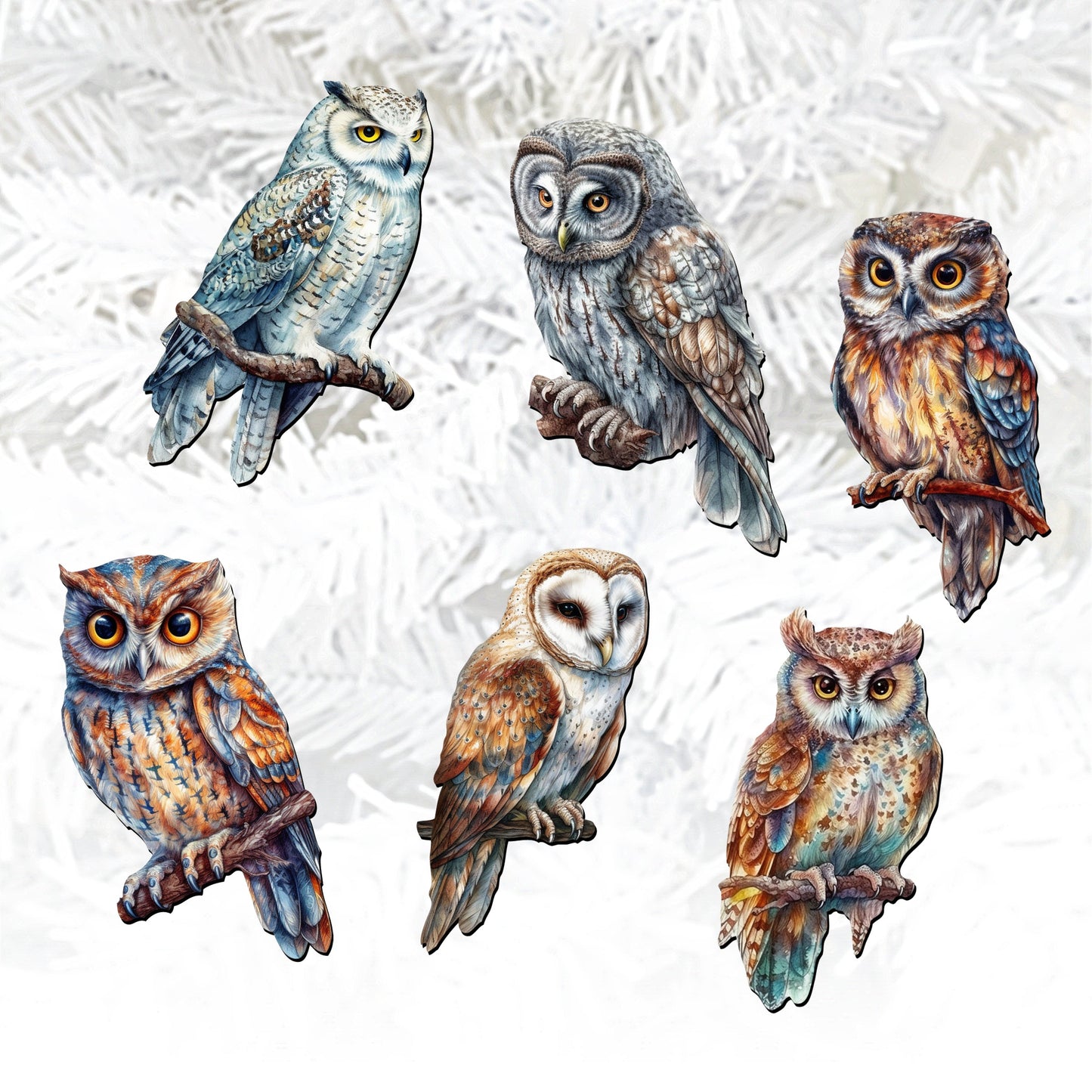Night Owls Decorative Wooden Clip-on Ornaments of 6 by G. Debrekht - Christmas Decor - 8090004C-S6