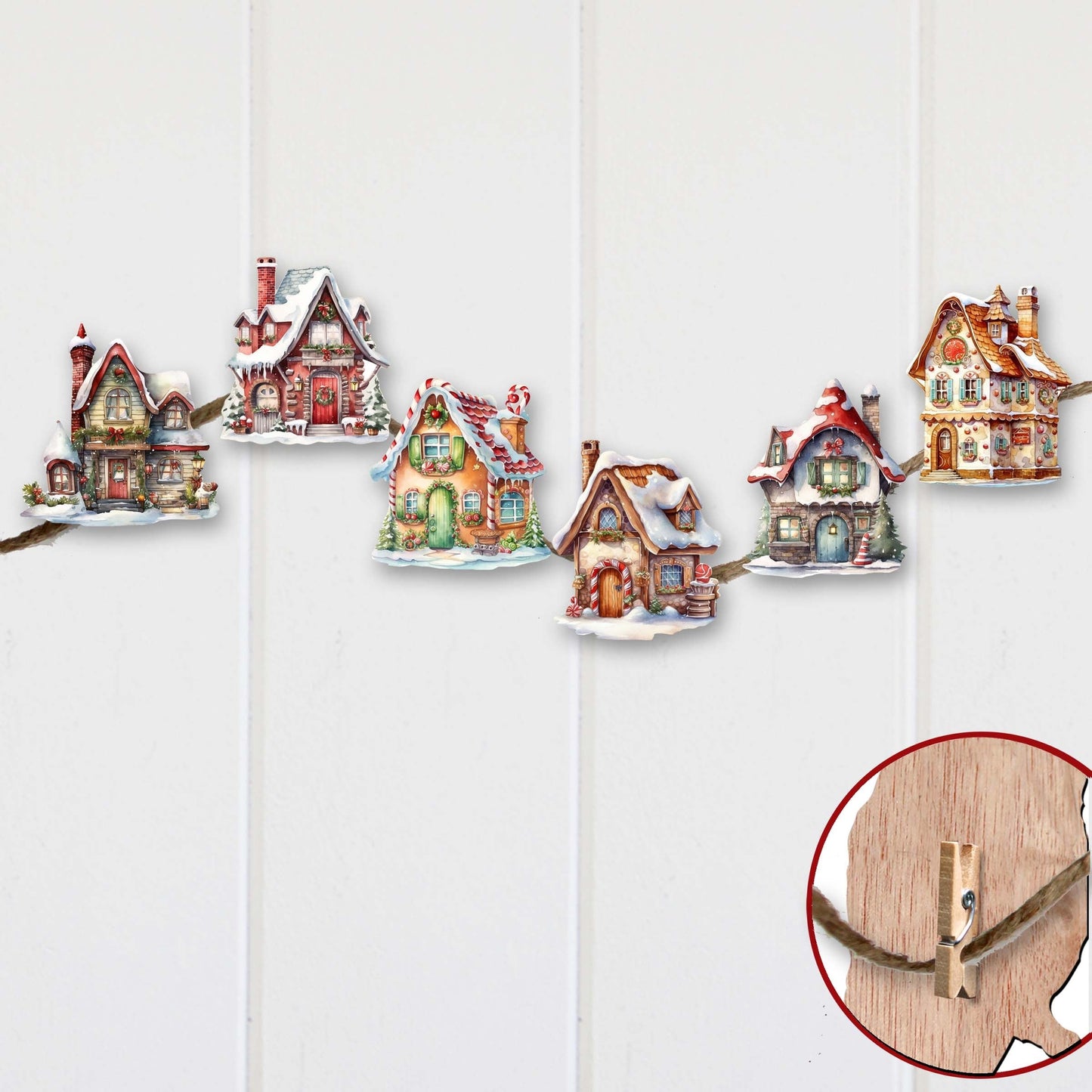 Dream Houses Decorative Wooden Clip-on Ornaments Set of 6 by G. Debrekht - Christmas Decor - 8090029C-S6