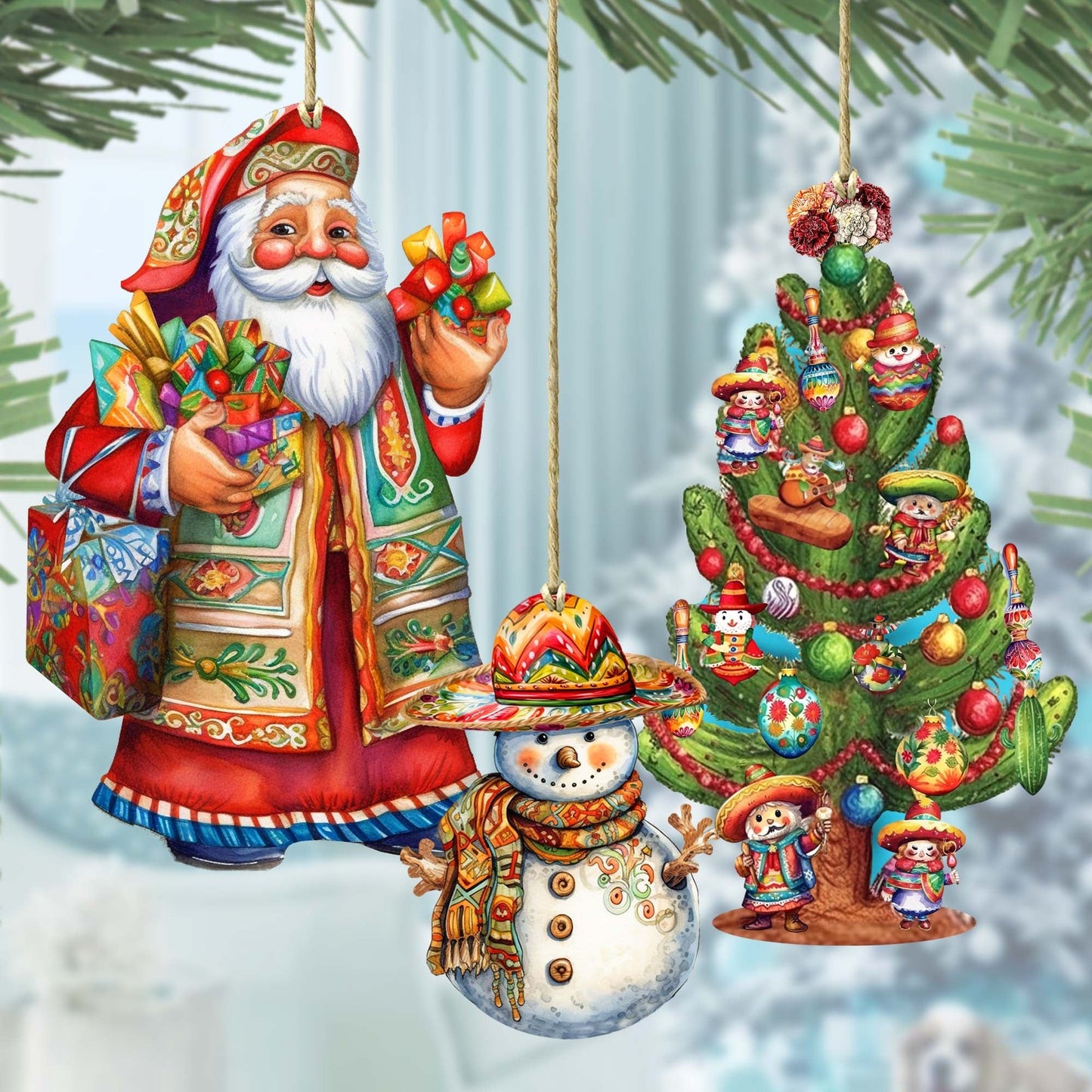 Santas Around the World - Mexican Inspired Santa - Wooden Ornaments Set of 3 by G. DeBrekht Christmas Santa Snowman Decor - 8091308S3