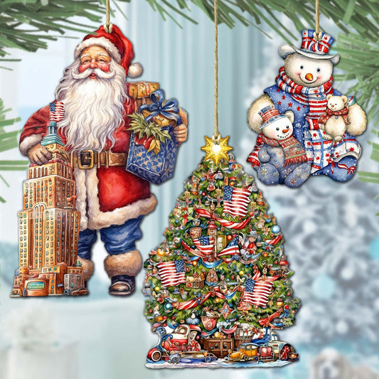 Santas Around the World - American Inspired Santa - Wooden Ornaments Set of 3 by G. DeBrekht Christmas Santa Snowman Decor - 8091301S3