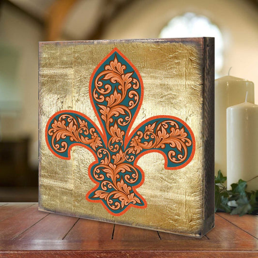 Cross Fleur de Lis Wooden Gold Plated Wall Art by Museum Icon - Celtic Decor - 850442-09