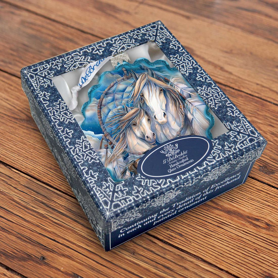 Mustangs Dream Catcher Journey Wreath Glass Ornament by J. Bergsma - Wildlife Holiday Decor - 759-637-JB