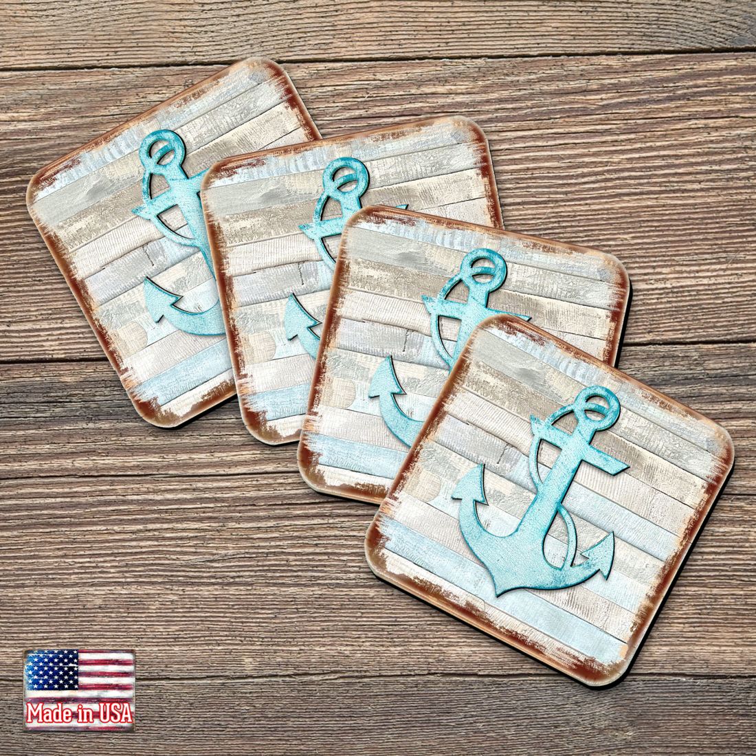 Anchor Coastal Wooden Cork Coasters Gift Set of 4 by Nature Wonders - Coastal Sea-Life Decor - 8198521-9C-S4