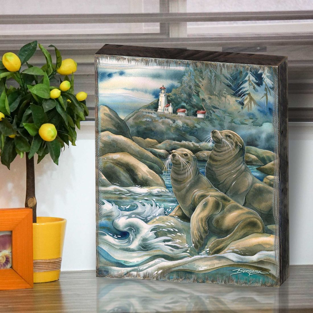 Lions of the Sea Lighthouse Caves Wooden Wall Art by J. Bergsma - Nature Wildlife Decor - 85922883B-JB