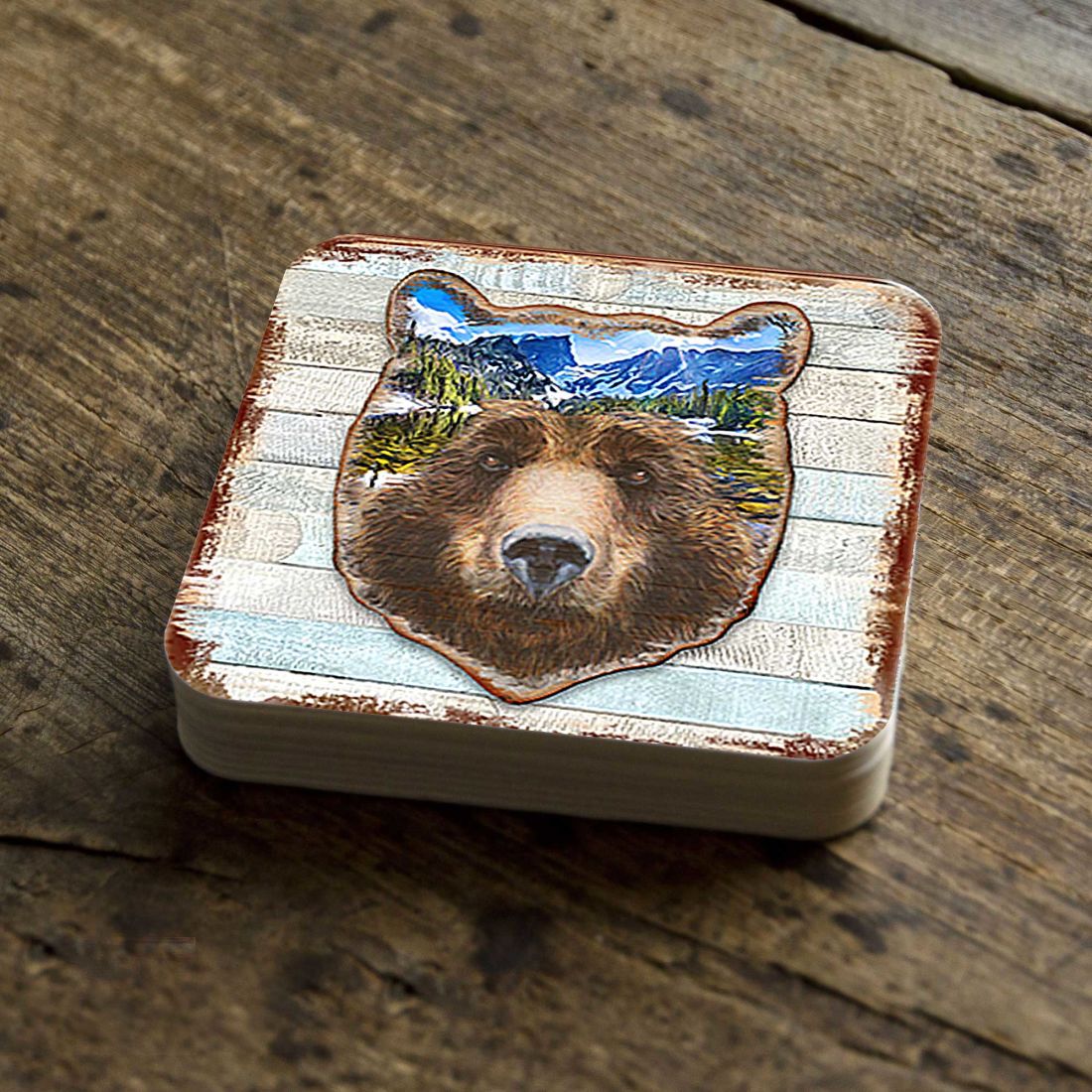 Bear Face Wooden Cork Coasters Gift Set of 4 by Nature Wonders - Nature Wildlife Decor  - 8198214-4C-S4