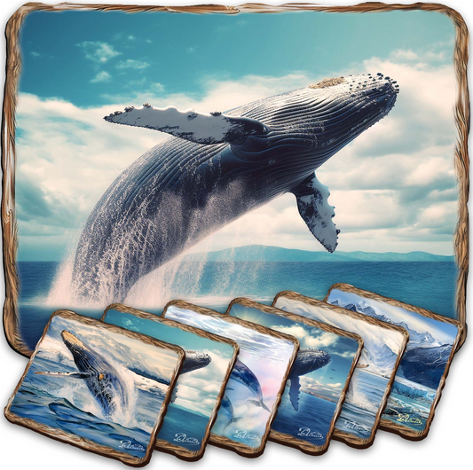 Humpback Whale Wooden Cork Placemat and Coasters Gift Set of 7 by Nature Wonders Coastal Nature Wildlife Decor  - 85403C-S7