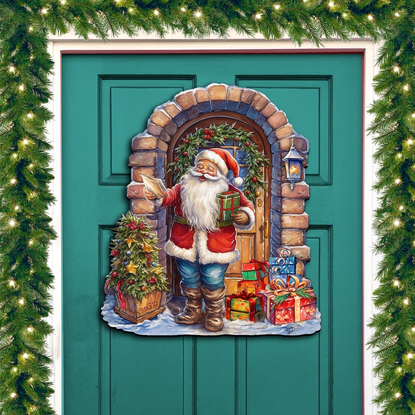 Santa's Surprise Visit Holiday Door Decor  by G. Debrekht - Christmas Santa Snowman Decor - 8611045H