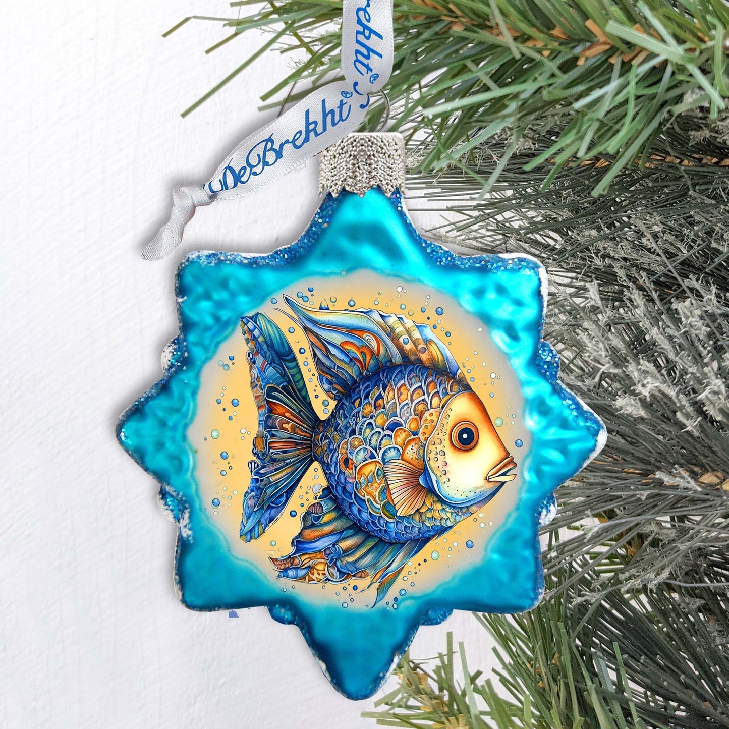 Holiday Coastal Ornament - Azure Fish Keepsake Glass Ornaments by G. Debrekht - Coastal Holiday Decor - 777406