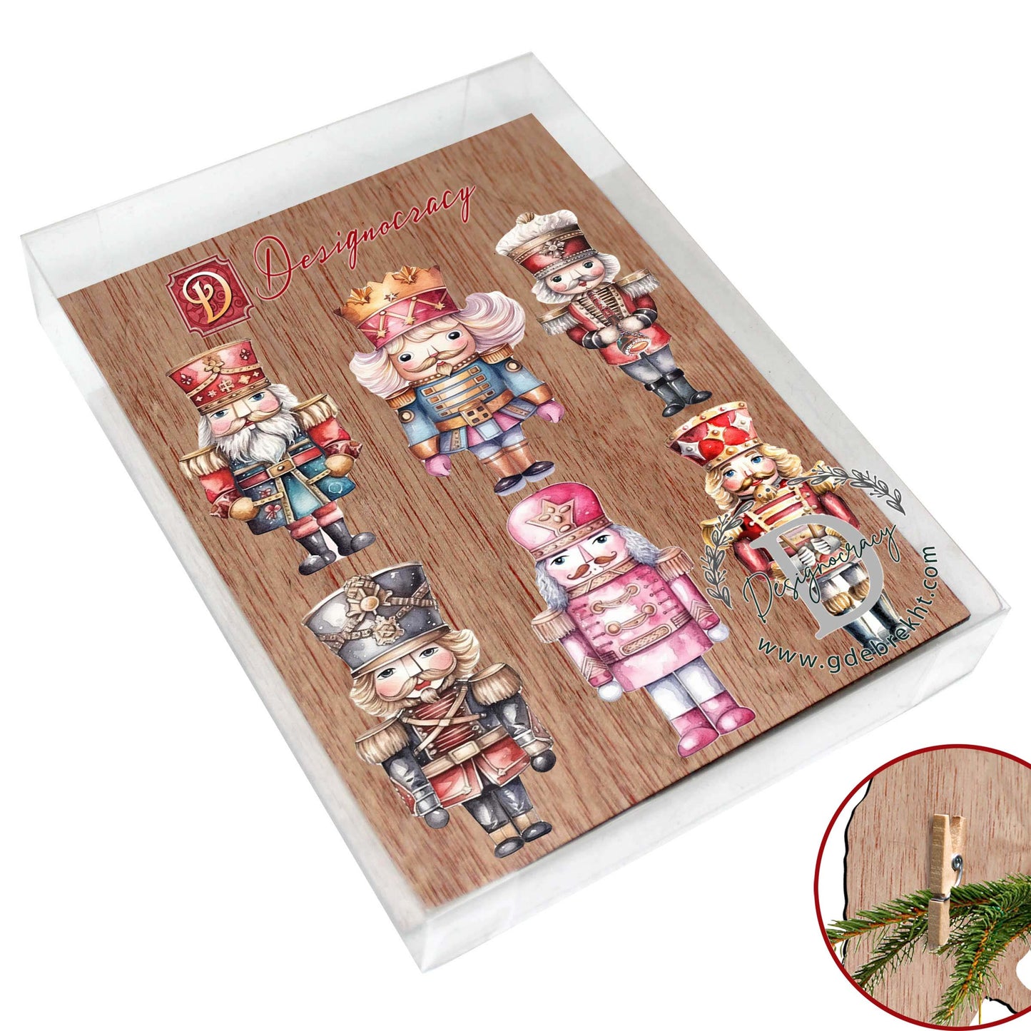 Nutcrackers Decorative Wooden Clip-on Ornaments of 6 by G. Debrekht - Christmas Decor - 8090008C-S6