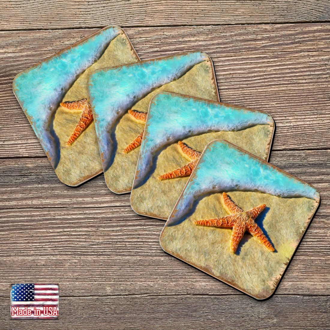 Starfish Coastal Wooden Cork Coasters Gift Set of 4 by Nature Wonders - Coastal Sea-Life Decor - 95253C-S4