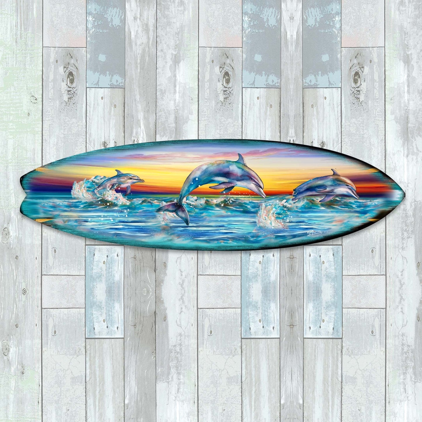 Dolphin's Dance Surfboard Coastal Wall Art by G. DeBrekht - Coastal Holiday Decor - 8490122HS