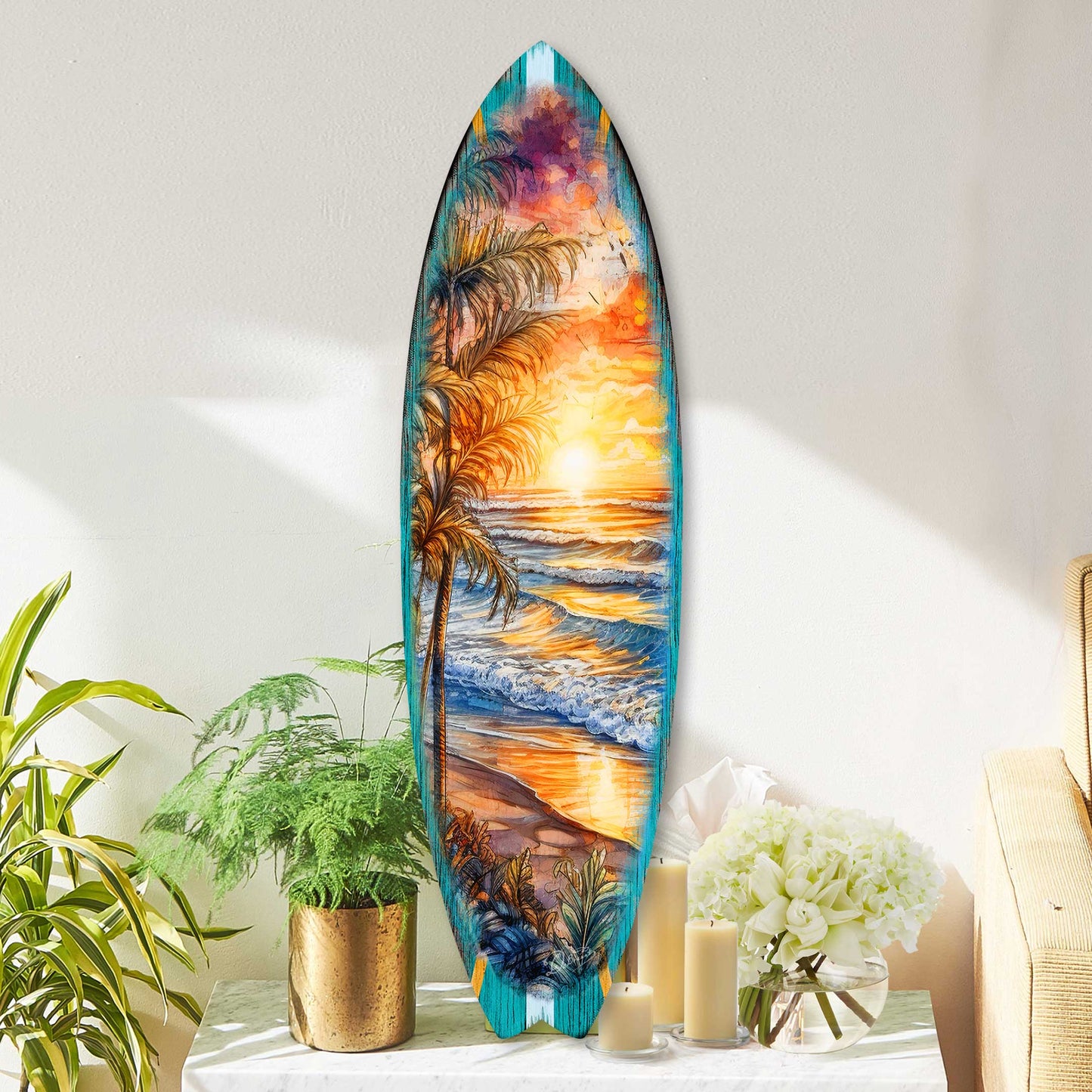 Surfboard Coastal Wall Art - Golden Waves Ocean Sunset Wall Art by G. DeBrekht - Coastal Holiday Decor - 8490136HS
