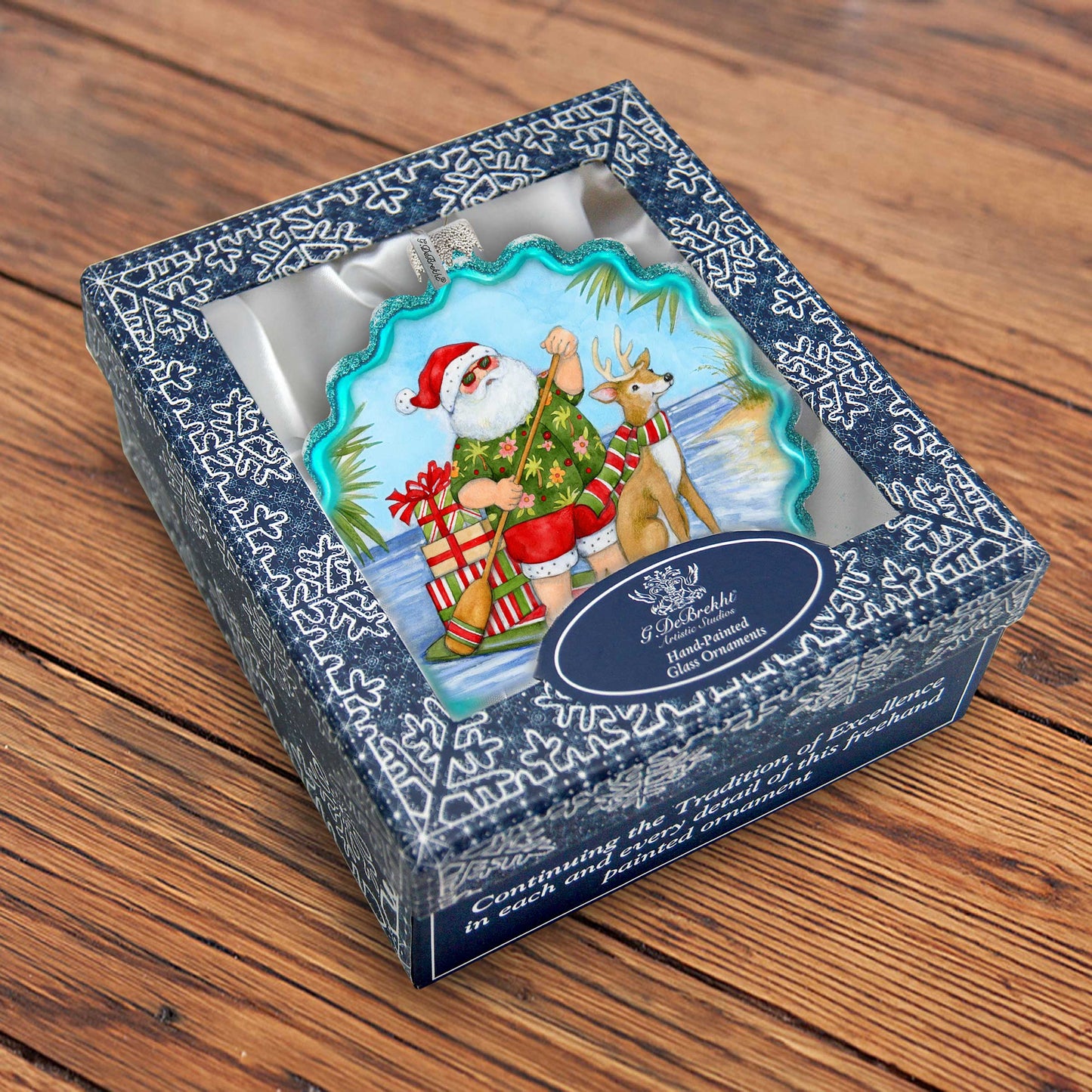 Christmas Decoration - Handblown Glass - Paddle Boarding Santa - Christmas Tree Ornament by Susan Winget - Handmade Gift - Wooden Ornament - 759-115-SW